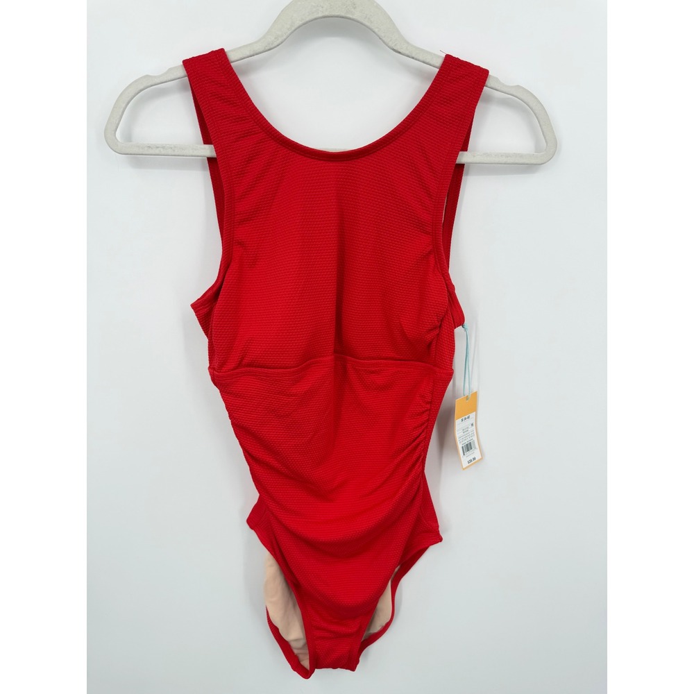 Kona Sol High Coverage One Piece Swimsuit Womens Small Red Textured Scoop Back